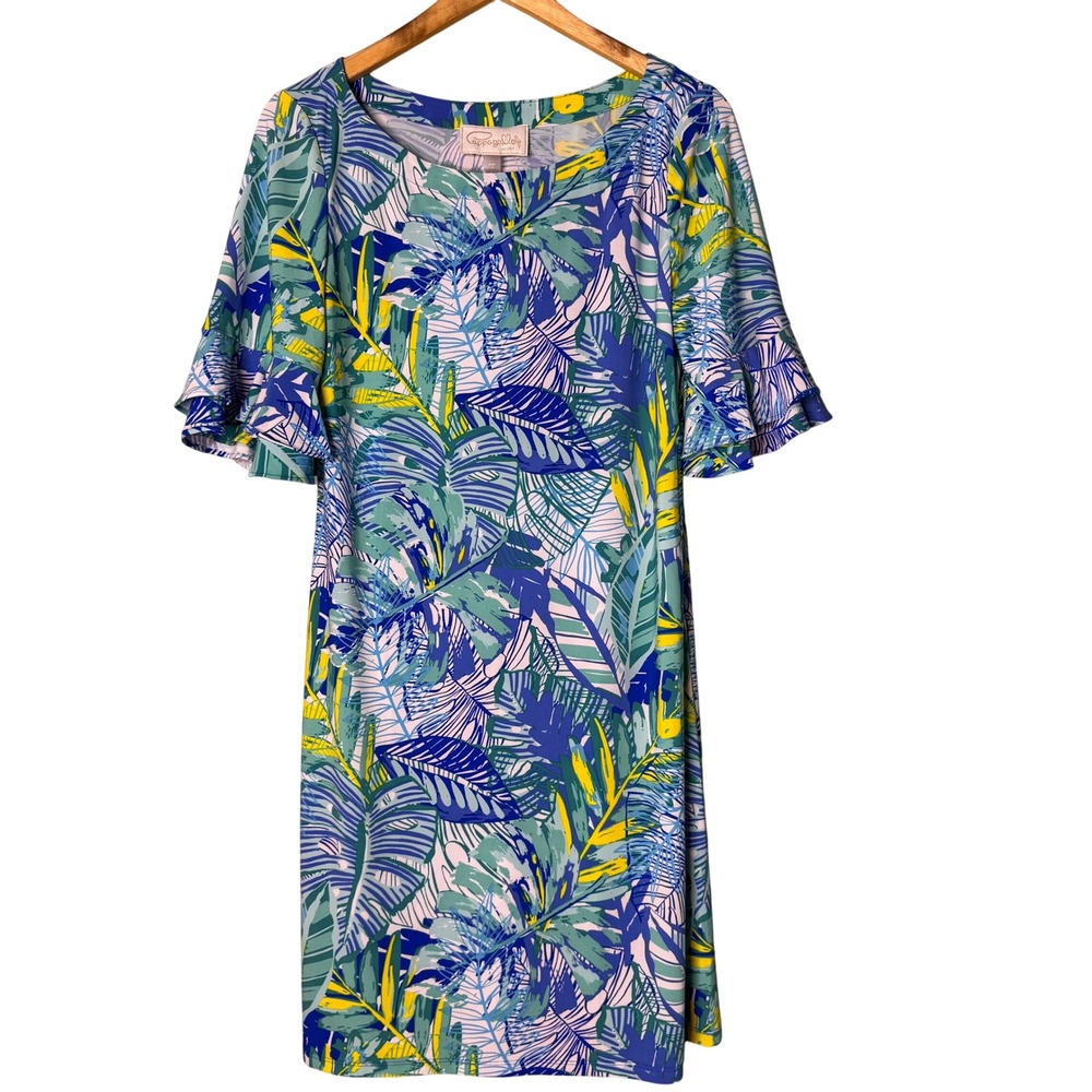 Pappagallo Womens Tropical Palm Leaf Ruffle Sleeve Shift Dress Blue Green Medium